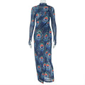 Graceful Personality Women Clothing Printed Sexy Hip Slightly Transparent Turtleneck Long Sleeve Slim Fit Dress