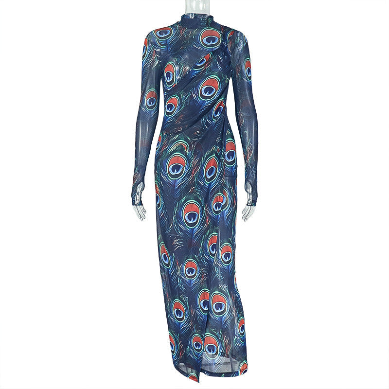 Graceful Personality Women Clothing Printed Sexy Hip Slightly Transparent Turtleneck Long Sleeve Slim Fit Dress