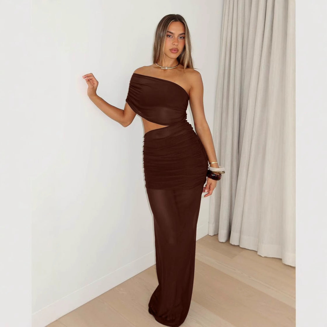 Women Clothing Summer Sexy off Shoulder Gauze Hollow Out Cutout Slim Fit Pleated See through Dress