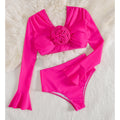 Solid Color High Waist Long Sleeve Two Piece Swimsuit Women Sexy Swimsuit Swimsuit