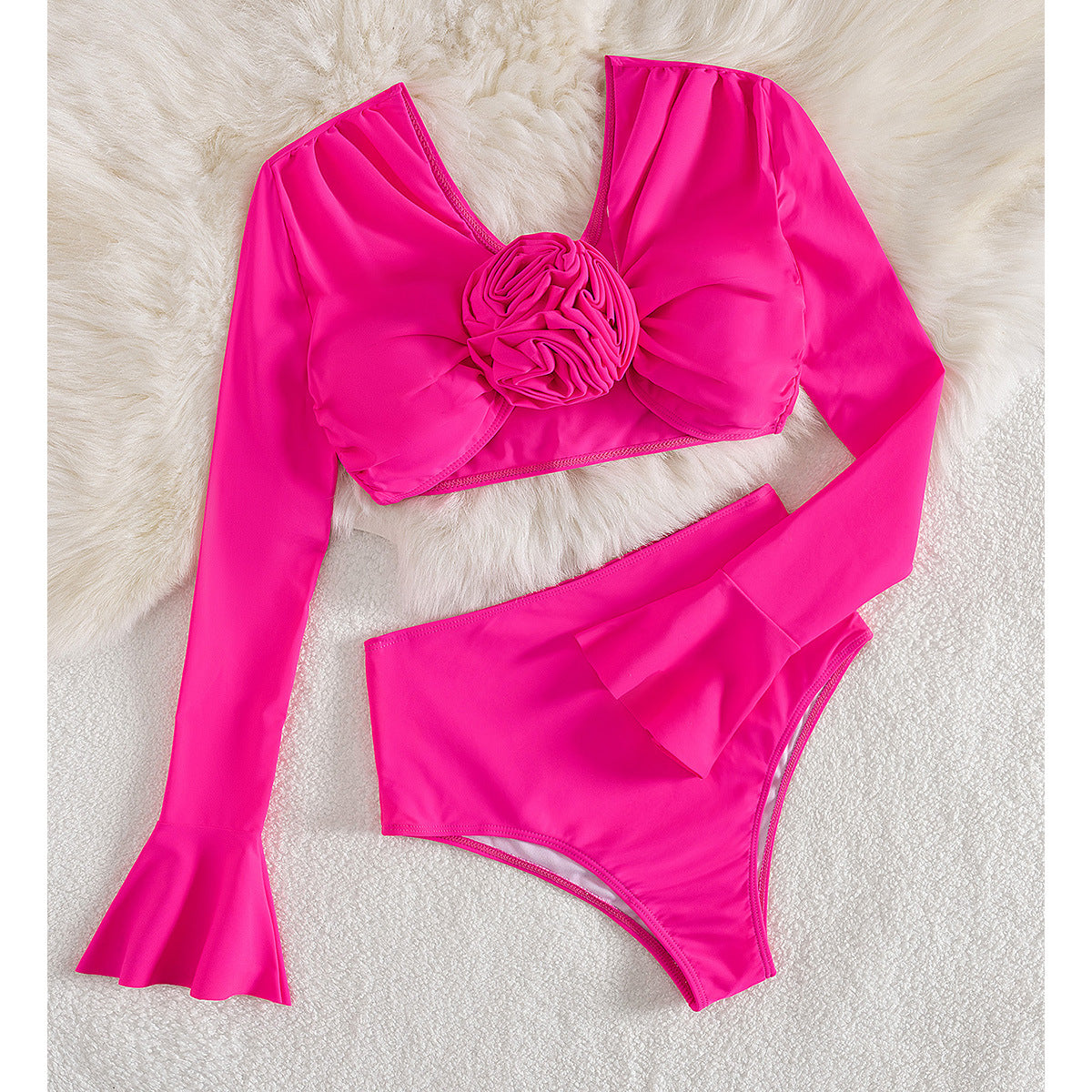 Solid Color High Waist Long Sleeve Two Piece Swimsuit Women Sexy Swimsuit Swimsuit