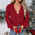 Autumn Sweet Knitted Cardigan V neck Pearl Decorative Red Christmas Sweater Coat Women