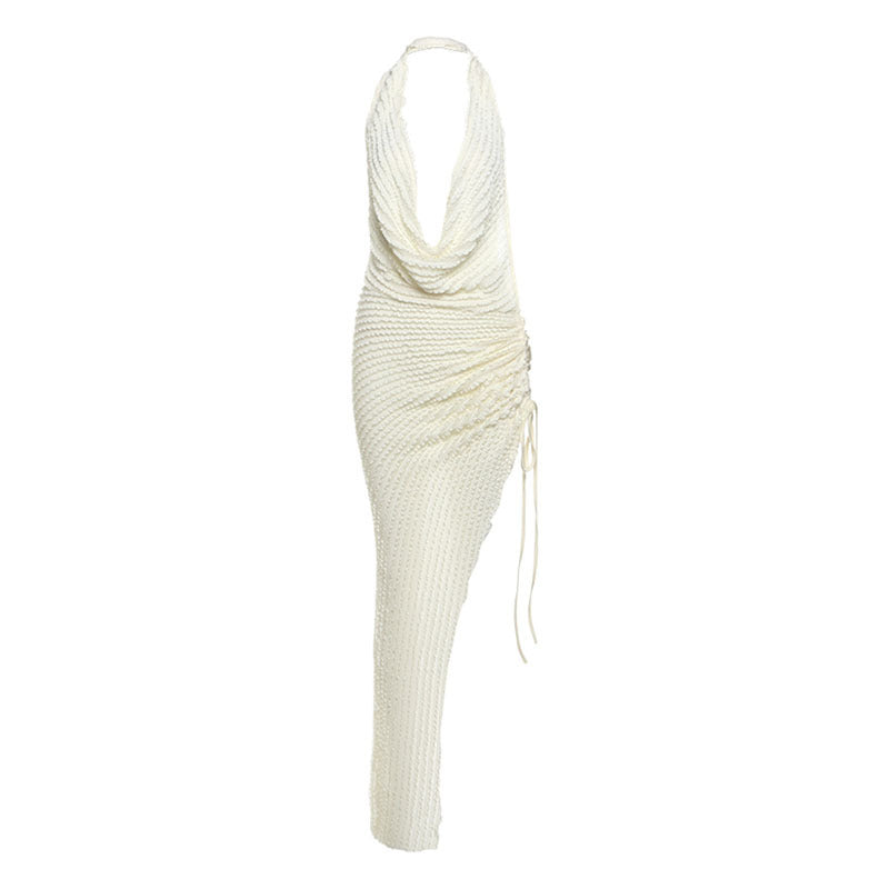 Summer Women Sexy Halter Backless Swing Collar High Waist Slit Dress