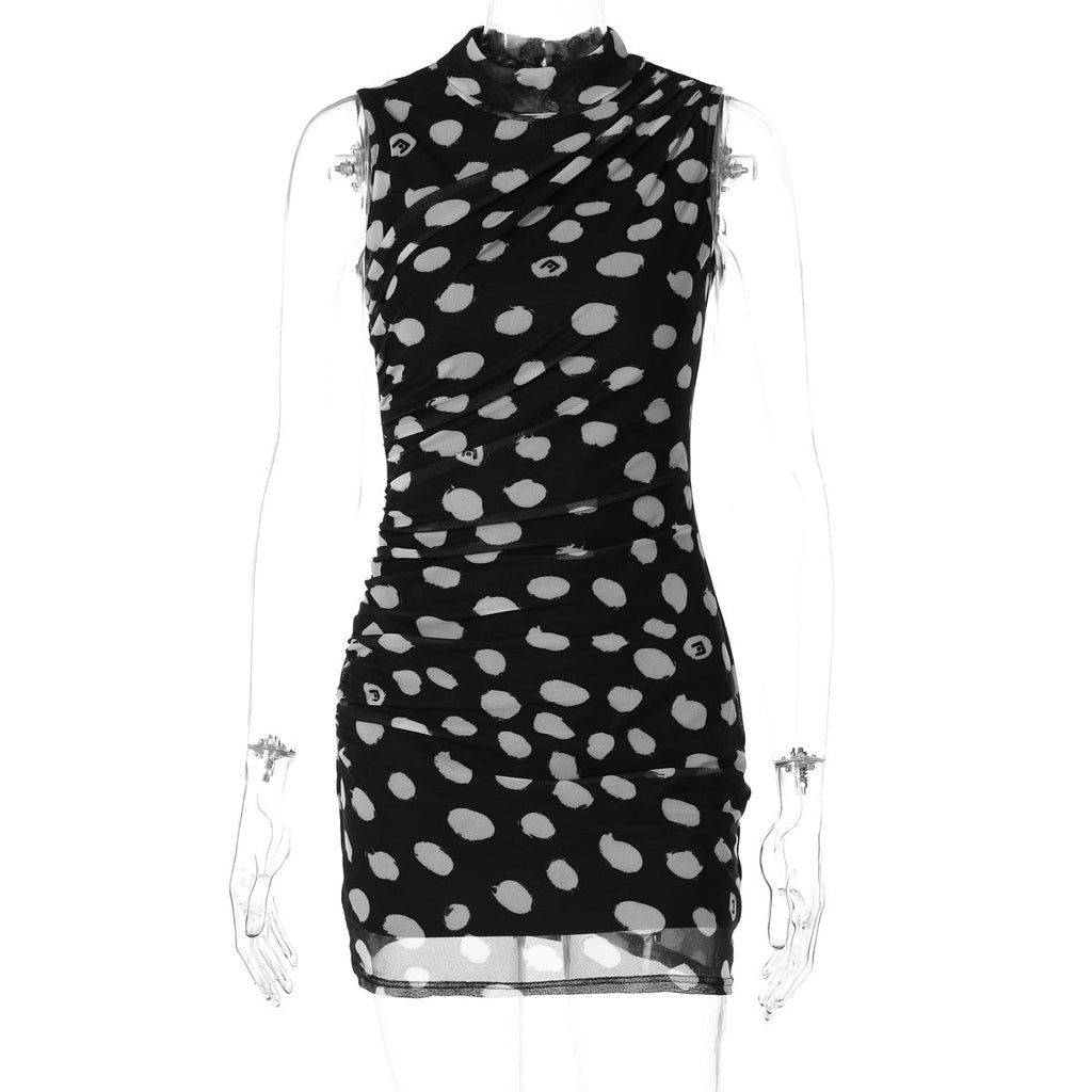 Women Half Turtleneck Sleeveless Mesh Polka Dot Print Faux Two Piece Skinny Slimming Sheath Dress