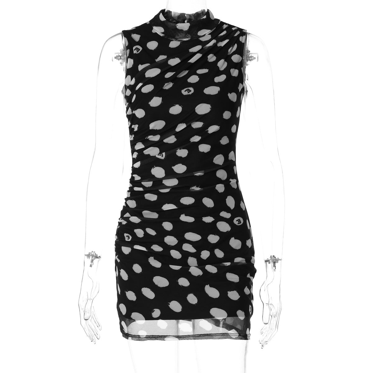 Women Half Turtleneck Sleeveless Mesh Polka Dot Print Faux Two Piece Skinny Slimming Sheath Dress