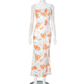 Spring Waist Controlled Long Spaghetti Strap Floral Print Slim Fit Lace up Dress
