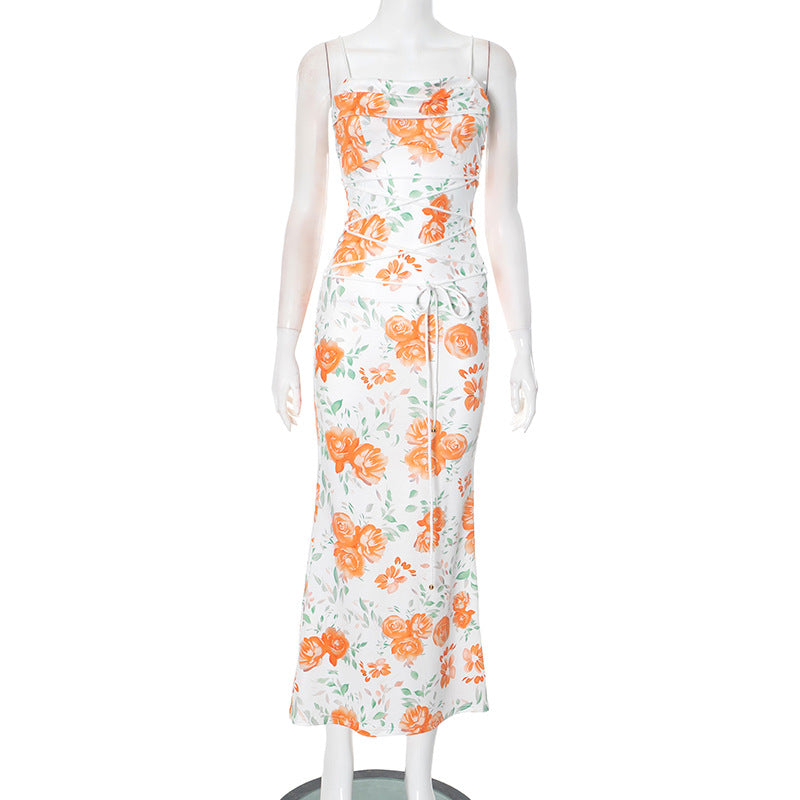 Spring Waist Controlled Long Spaghetti Strap Floral Print Slim Fit Lace up Dress