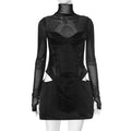 Mesh Patchwork Turtleneck Sexy Slim Hollow Out Cutout Cut Hip