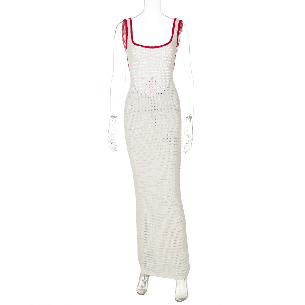 Women Clothing Autumn Sexy Cutout Knitted Contrast Color Bare Back Dress