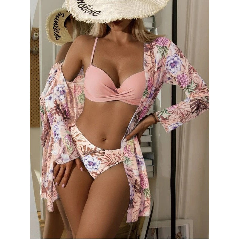 Three Piece Swimsuit Green Leaf Printed Bikini Hard Bag Bikini Manufacturer
