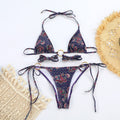 Sexy Metal Three Ring Bikini Printed Lace up Split Swimsuit Women
