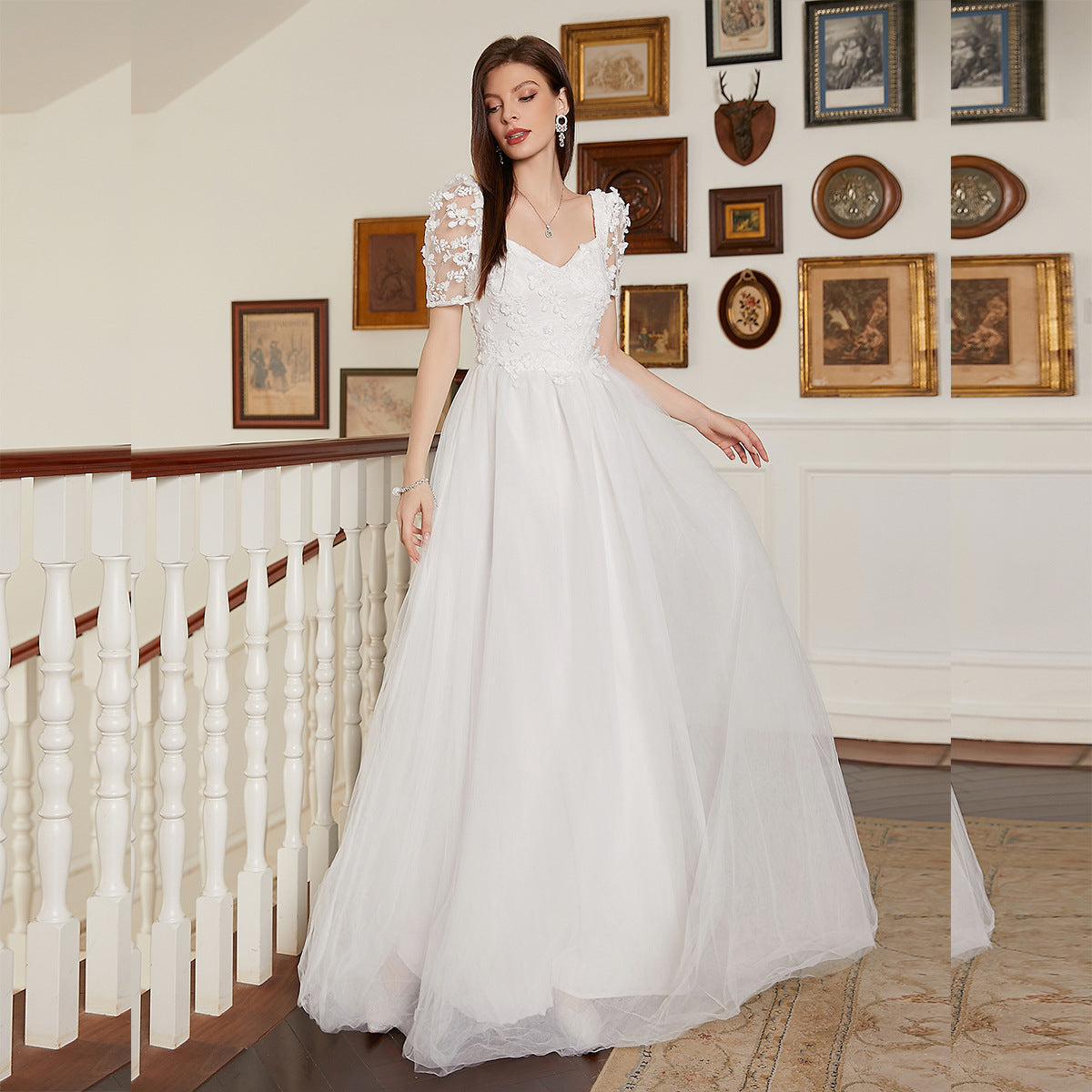 French Pastoral White Large Swing V neck Short Sleeve Elegant Backless Cocktail Wedding Dress