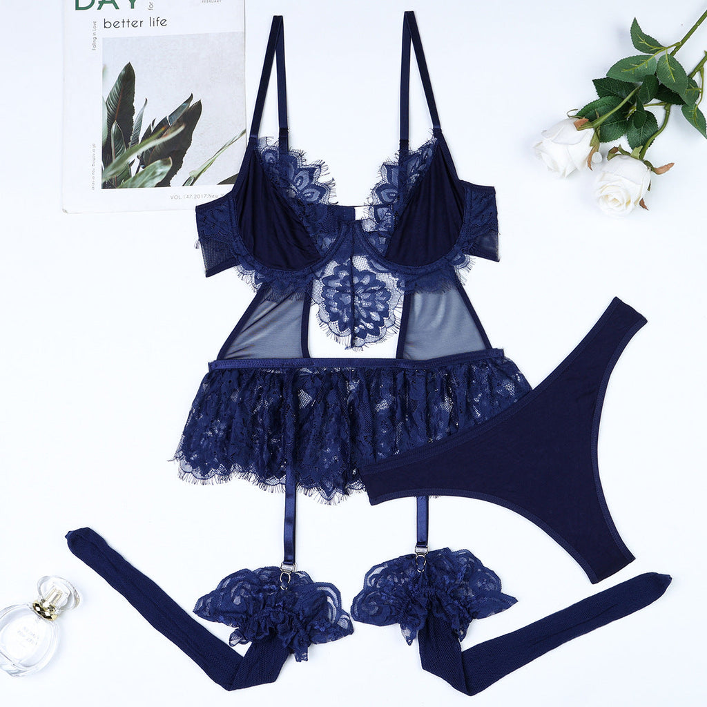 Mesh Stockings Long White Lace Eyelash Lace Cutout Stitching Cute Skirt Sling Top Three Piece Set