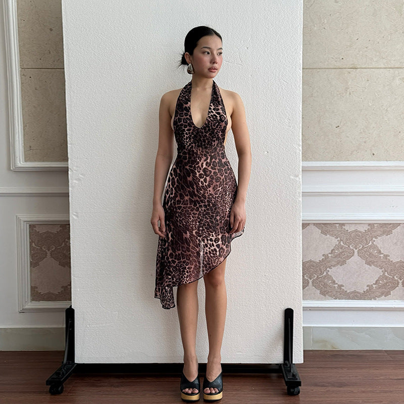Summer Halter Dress Women Sexy Halter Leopard Print Mesh Dress