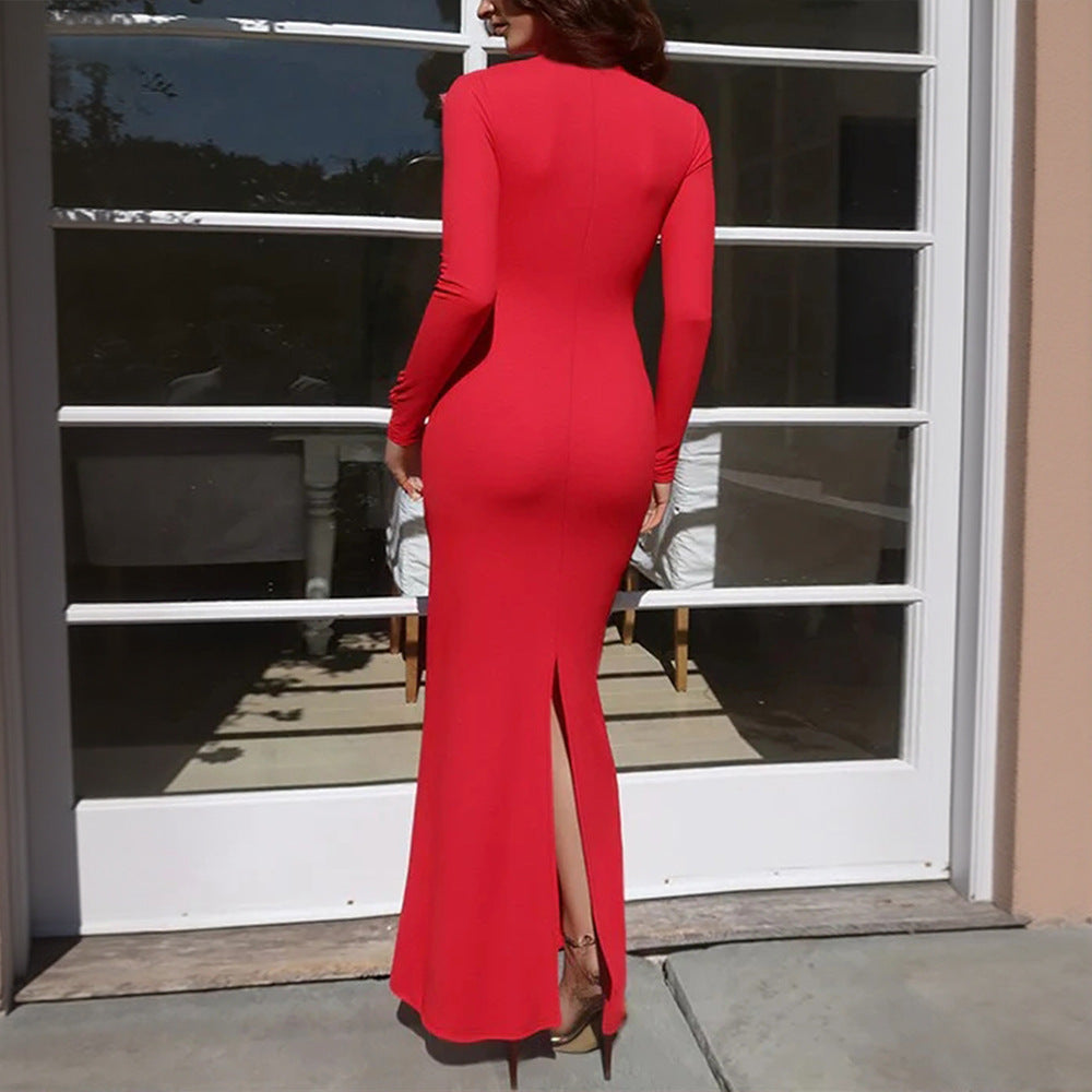 Red V neck Lace Stitching Long Sleeved Slim Fit Sheath Fishtail Dress Elegant Sexy Dress