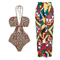 Retro One Piece Swimsuit Women Deep V Plunge Lace up Chiffon Skirt Set Spring