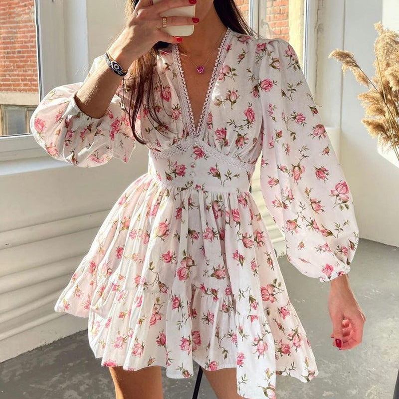 Spring Women Clothing Sweet Elegance Printed V neck Lace Waist Trimming Short Dress