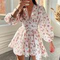 Spring Women Clothing Sweet Elegance Printed V neck Lace Waist Trimming Short Dress
