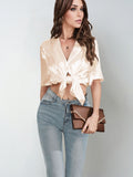 Popular Real Shot Shirts Collar Satin Shirt Women Satin Artificial Silk Short Sleeve Shirt Amoi Women Clothing