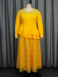 See through round Neck Long Sleeve Lace Dress Party Cocktail Ruffled Dress Dress