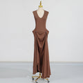 Sexy Sleeveless Dress Summer U Collar Fitted Waist Pleated Design Solid Color Dress Women
