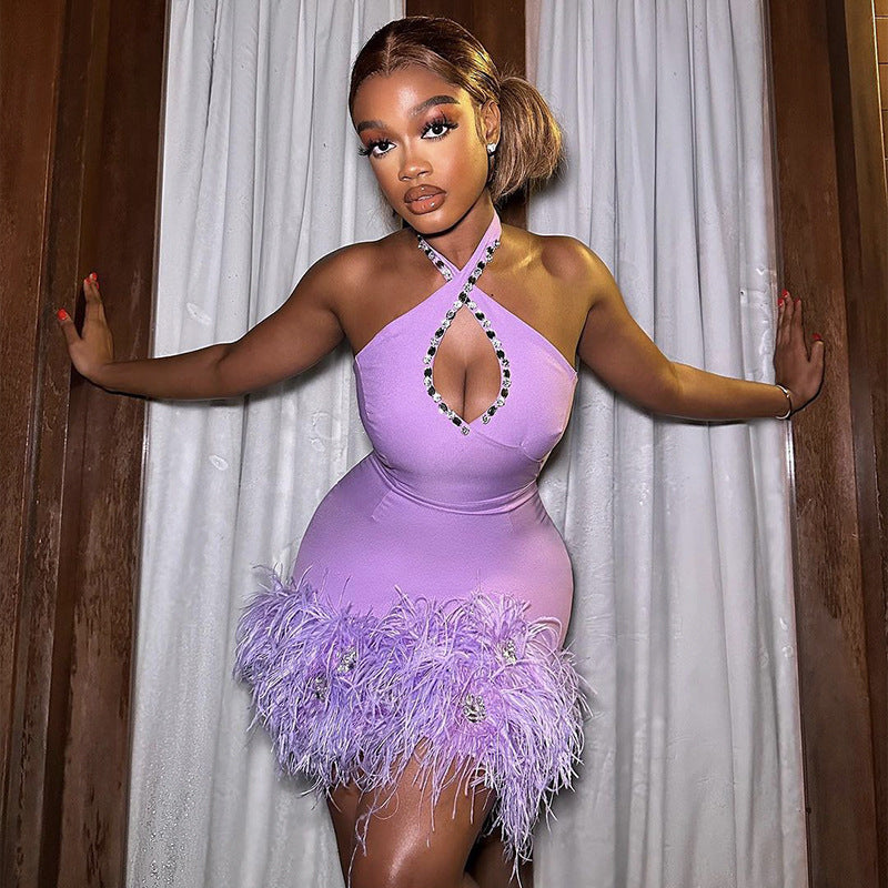 Sexy Halter Diamond Feather Stretch Bandage One Piece Dress Party Dress