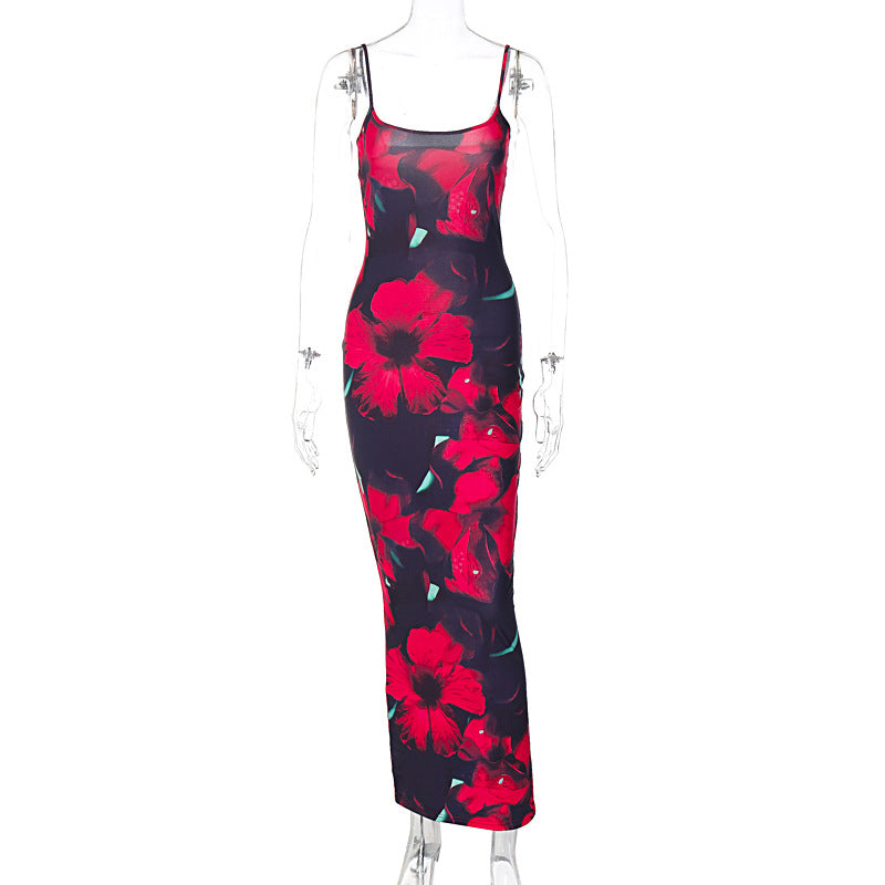 Printed U Neck Strap Slim Fit Sexy Women Dress