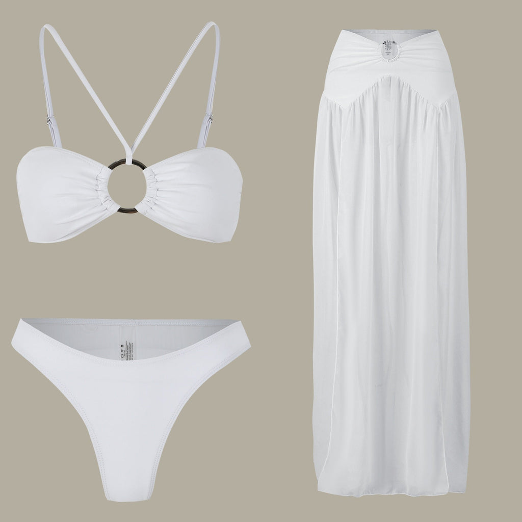 Tube Top Bikini Skirt Three Piece Set Pure White Split Swimsuit Women Suit