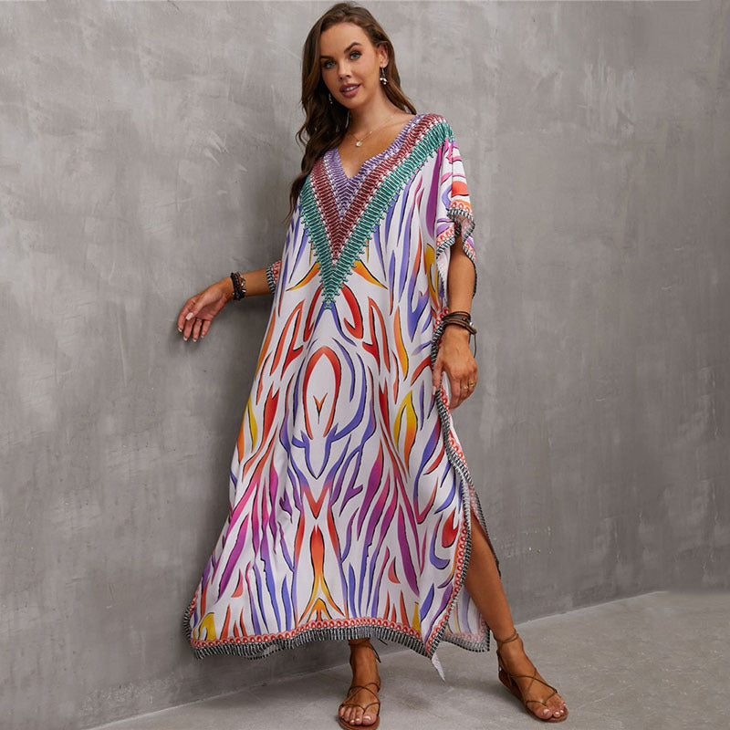 Rayon Positioning Printing Beach Cover Up V Neck Robe Vacation Skirt Bikini Cover
