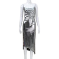 Women Clothing Sexy Backless Swing Collar Cami Dress Bronzing Split Pure Sexy Dress Long