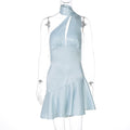 Women Clothing Spring Summer Chest Hollow Out Cutout Sexy Bare Back Halter Ribbon Satin Dress