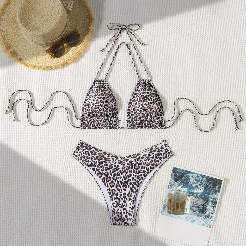 Solid Color Lace Up Adjustable Halter Top Sexy V Shaped Bottom Bikini