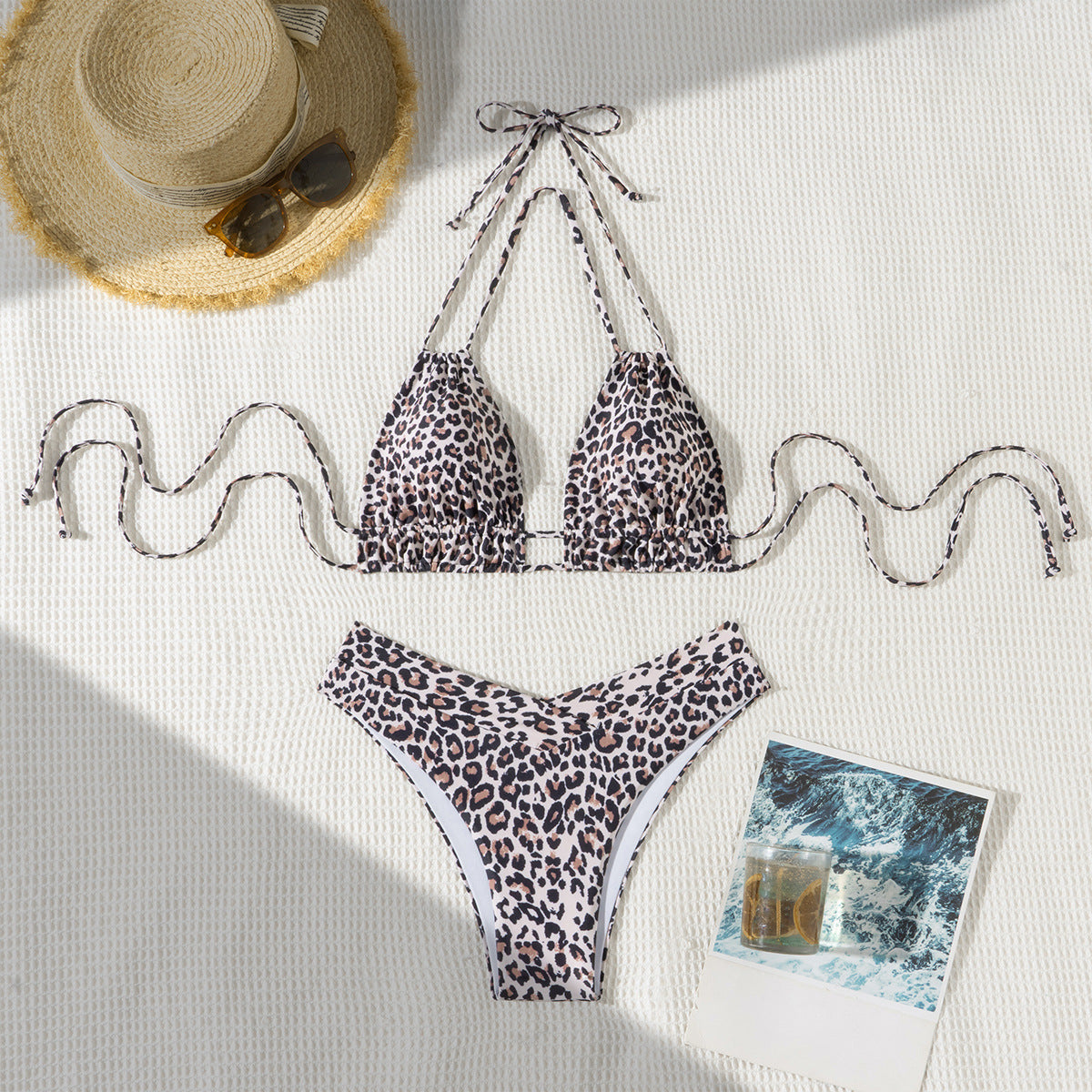 Solid Color Lace Up Adjustable Halter Top Sexy V Shaped Bottom Bikini