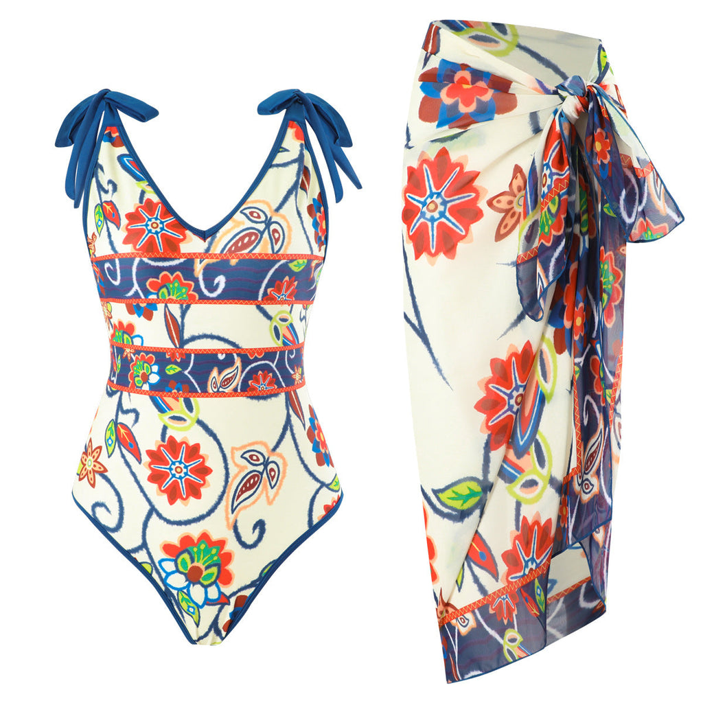 French One Piece Two Piece Set Swimsuit Digital Printing Sheath Gauze Skirt Conservative Swimwear Women