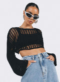 Women Clothing Summer Crew Neck Long Sleeve Sun Protective Blouse Hollow Out Cutout out Short Sexy Cropped Knitted Sweater Women