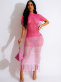Women Clothing Sexy Knitted Tassel Beach Dress Summer Short Sleeve Dress