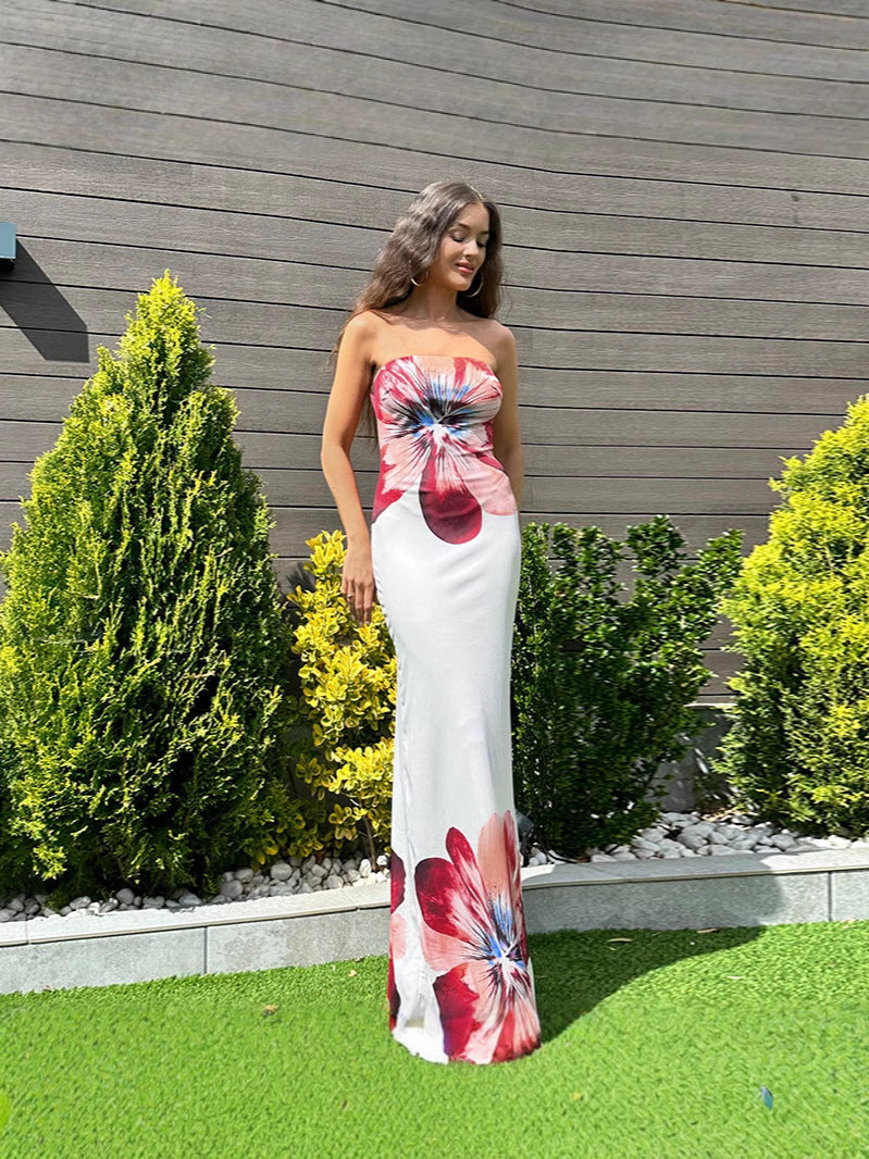 Floral Tube Top Printing Dress Women Summer Elegant Slim Fit Sheath Dress