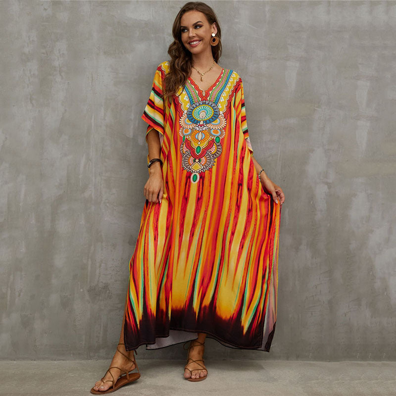 Rayon Positioning Printing Beach Cover Up V Neck Robe Vacation Skirt Bikini Cover