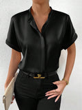 Women Solid Color Satin Short Sleeve Shoulder Stand Collar Short Sleeve Satin Shirt
