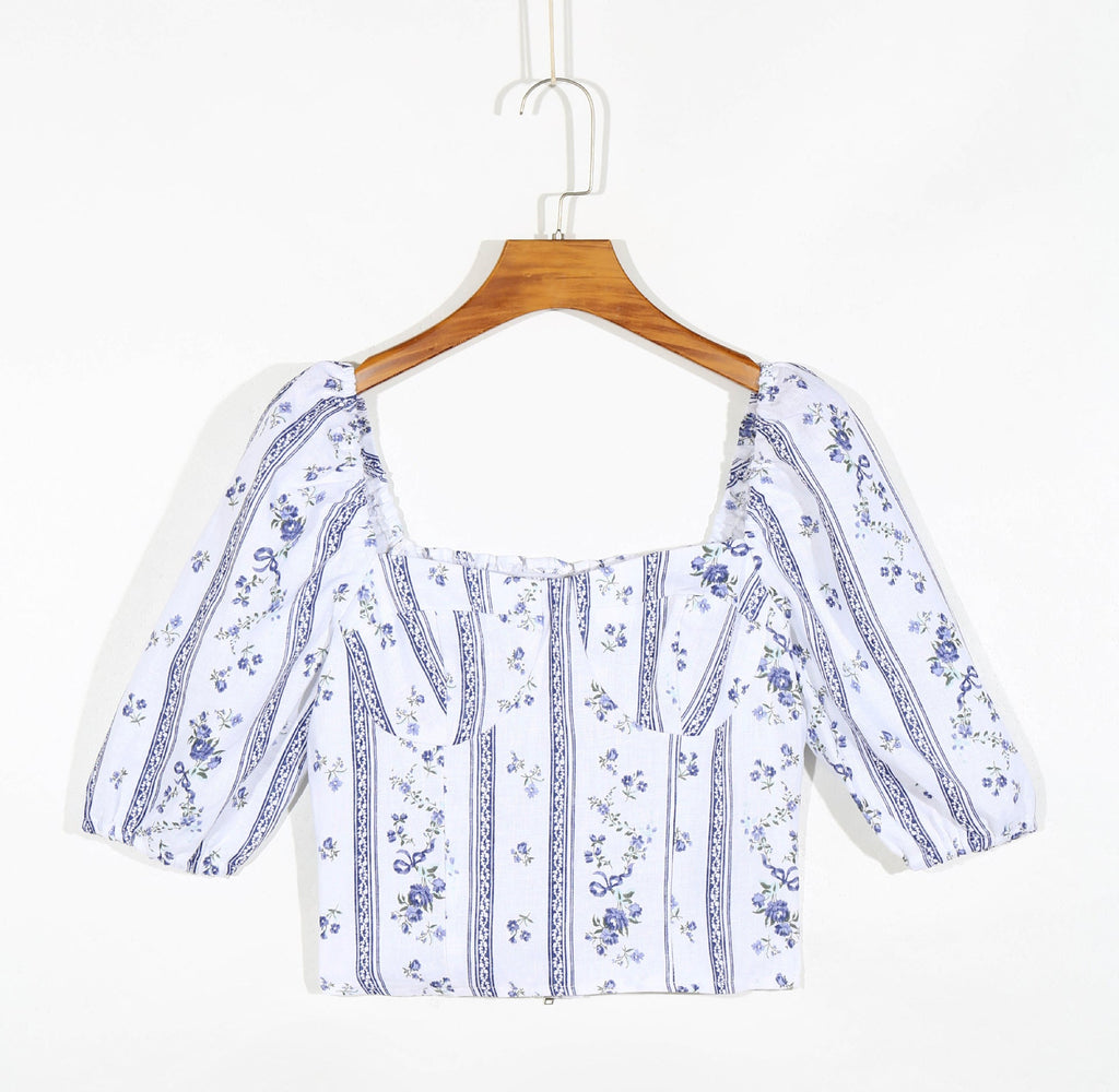 Summer Wind Women Blue Striped Short Sleeve Printed Shirt