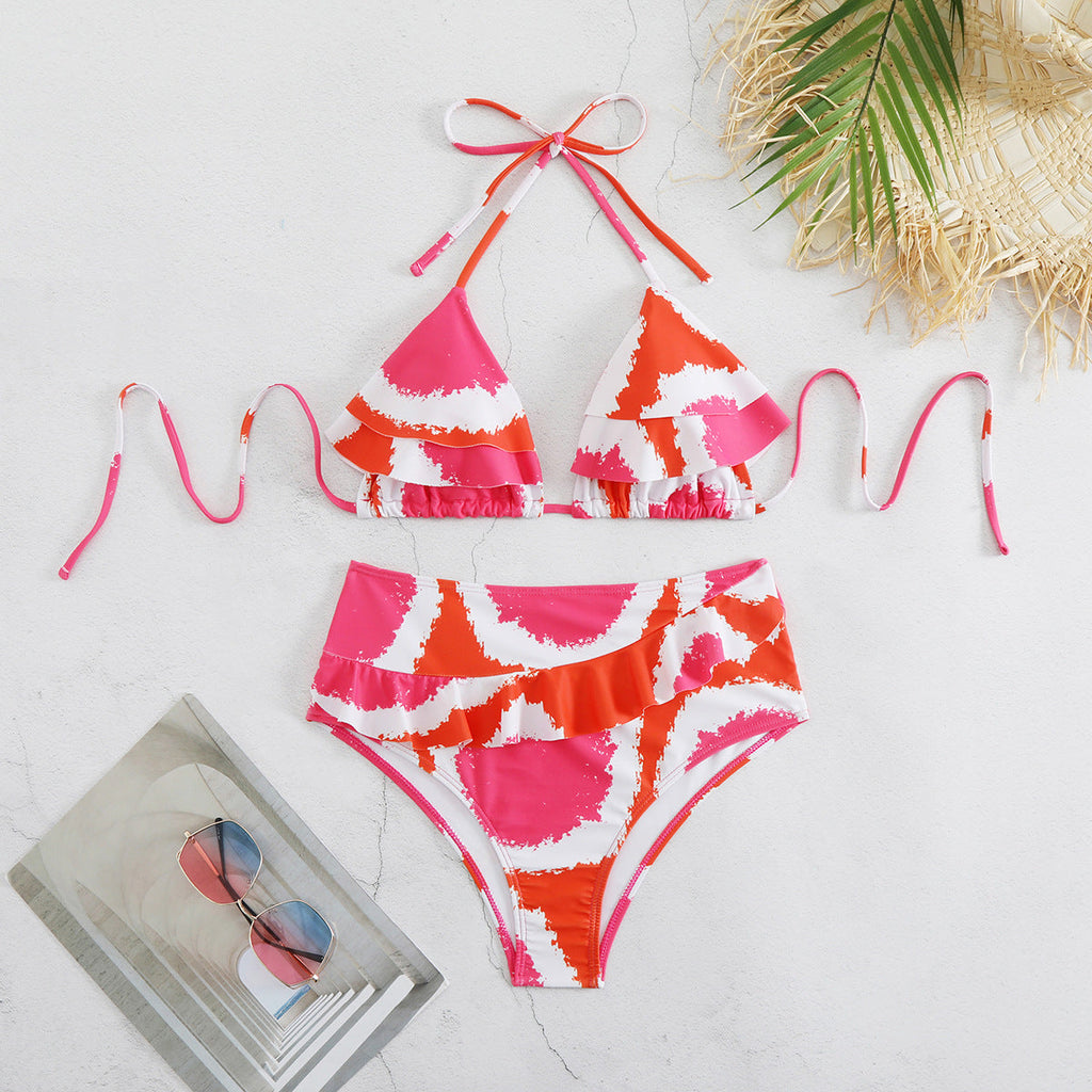 Three Point High Waist Split Swimsuit for Women Retro Printed Bikini Bikini
