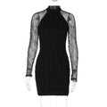 Women Winter Sexy Slim Lace Rhinestone Sheath Long Sleeve Dress