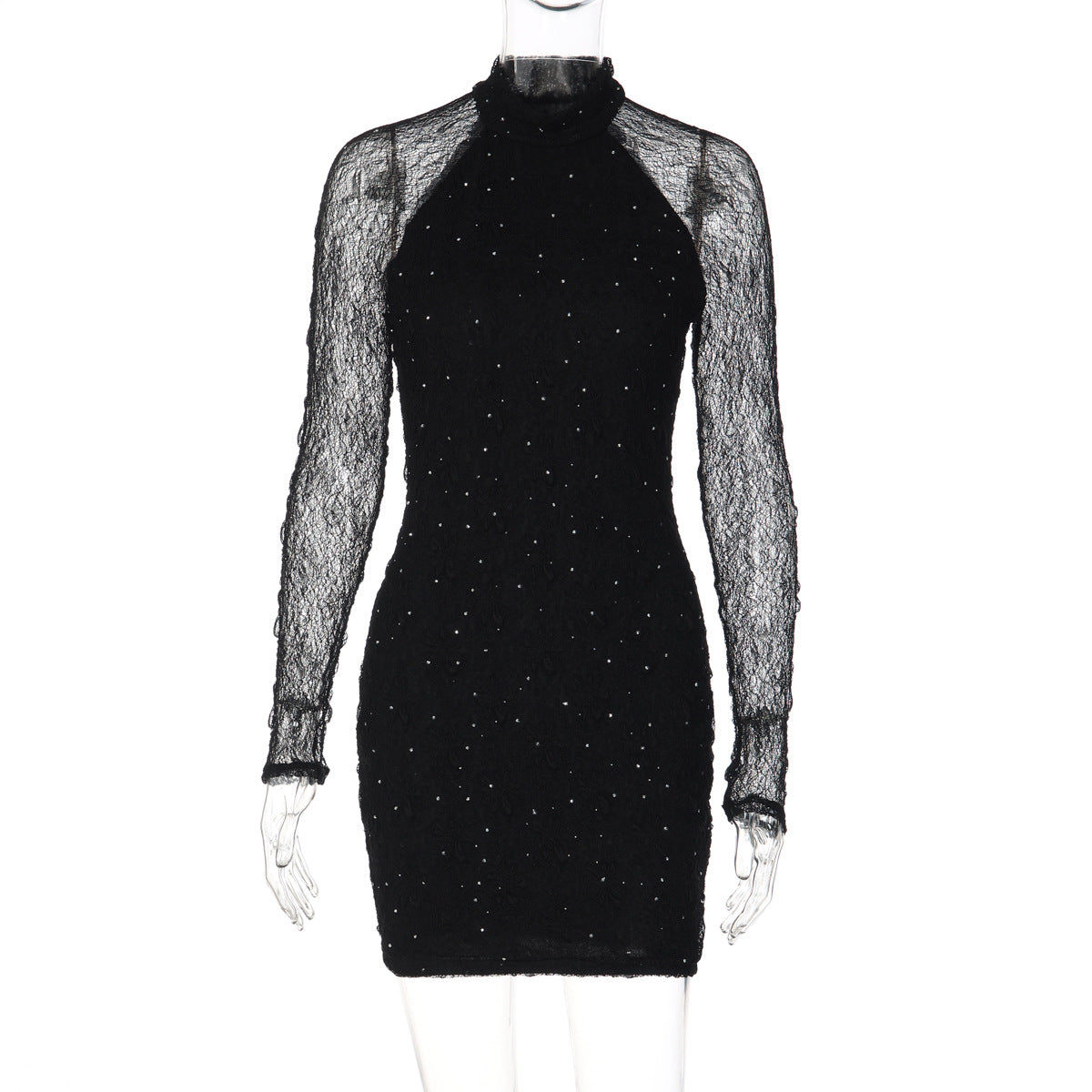 Women Winter Sexy Slim Lace Rhinestone Sheath Long Sleeve Dress