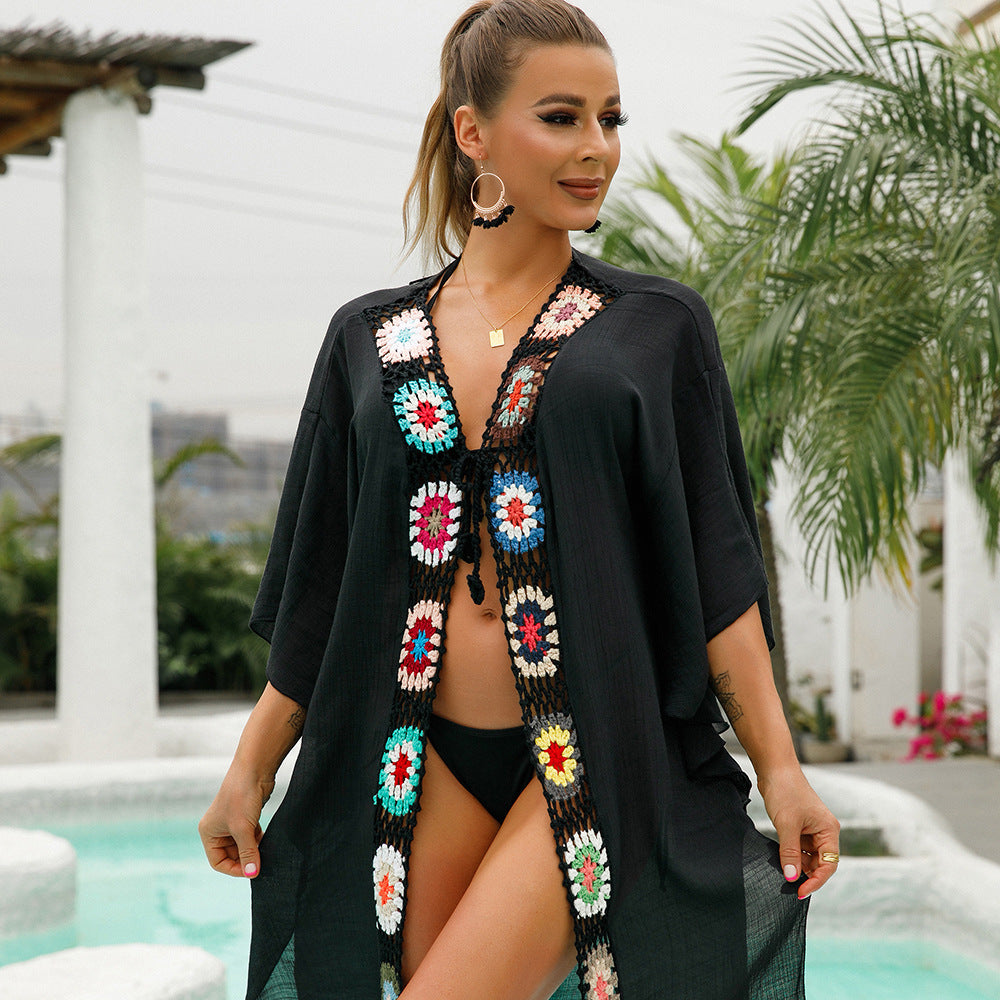 Cardigan V neck Crochet Stitching Beach Dress Free Size Half Sleeve Women Sun Protective Blouse
