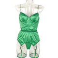 Green Satin High End Sexy Lingerie Three Piece Set Women Chain Back Sexy Cutout