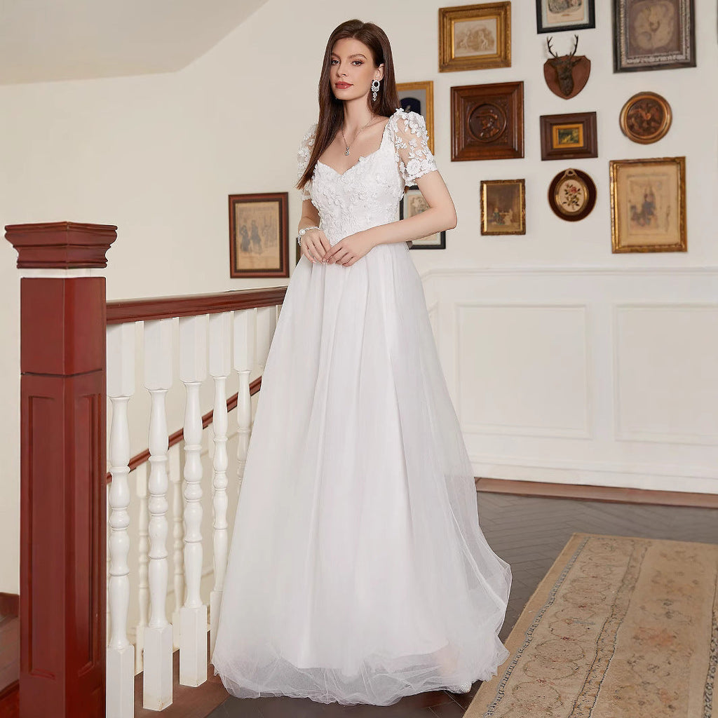 French Pastoral White Large Swing V neck Short Sleeve Elegant Backless Cocktail Wedding Dress