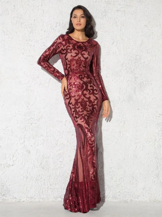 Middle East Long Sleeve Sequ Dress Long Slim Fit Hip Wrapped Cocktail Dress