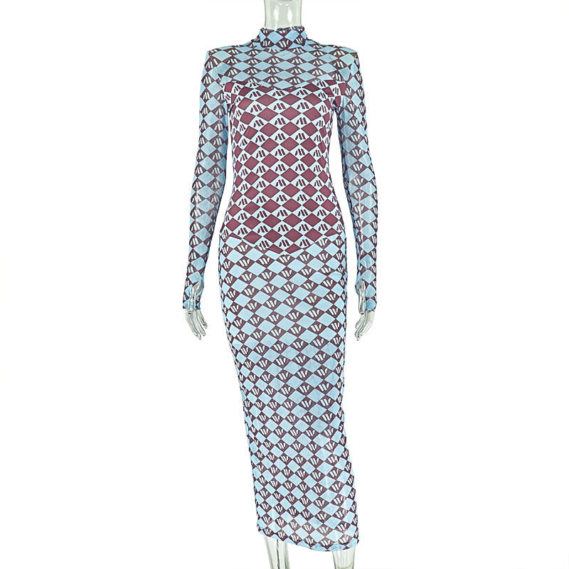 Women Clothing Micro Transparent Printing Slim One Step Hip Turtleneck Long Sleeve Dress