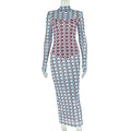 Women Clothing Micro Transparent Printing Slim One Step Hip Turtleneck Long Sleeve Dress