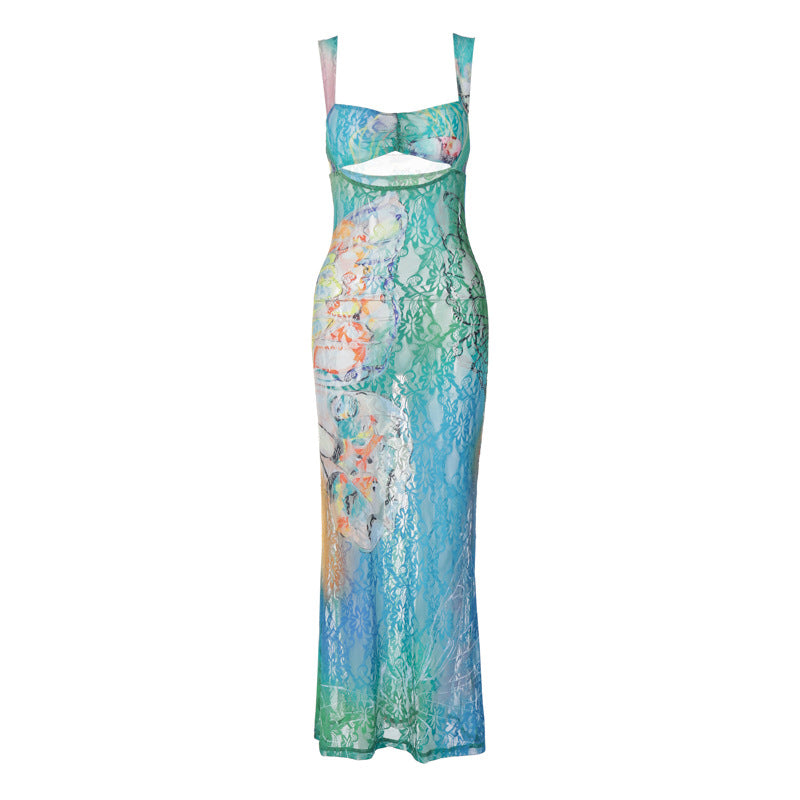 Street Hipster Sexy Hip Summer Lace Print Sleeveless Backless Dress Women